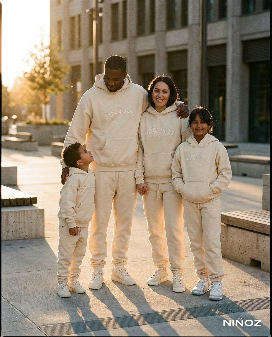 Gezin in matching beige Essentials Cou7ure tracksuits op een plein — kinderkleding boutique Niñoz in Almere