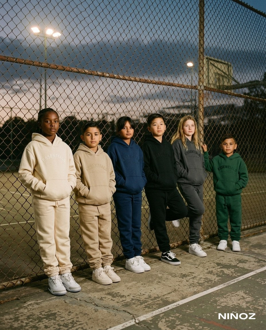 Essentials Cou7ure kids winter — kindergroep in donkere tracksuits bij Niñoz