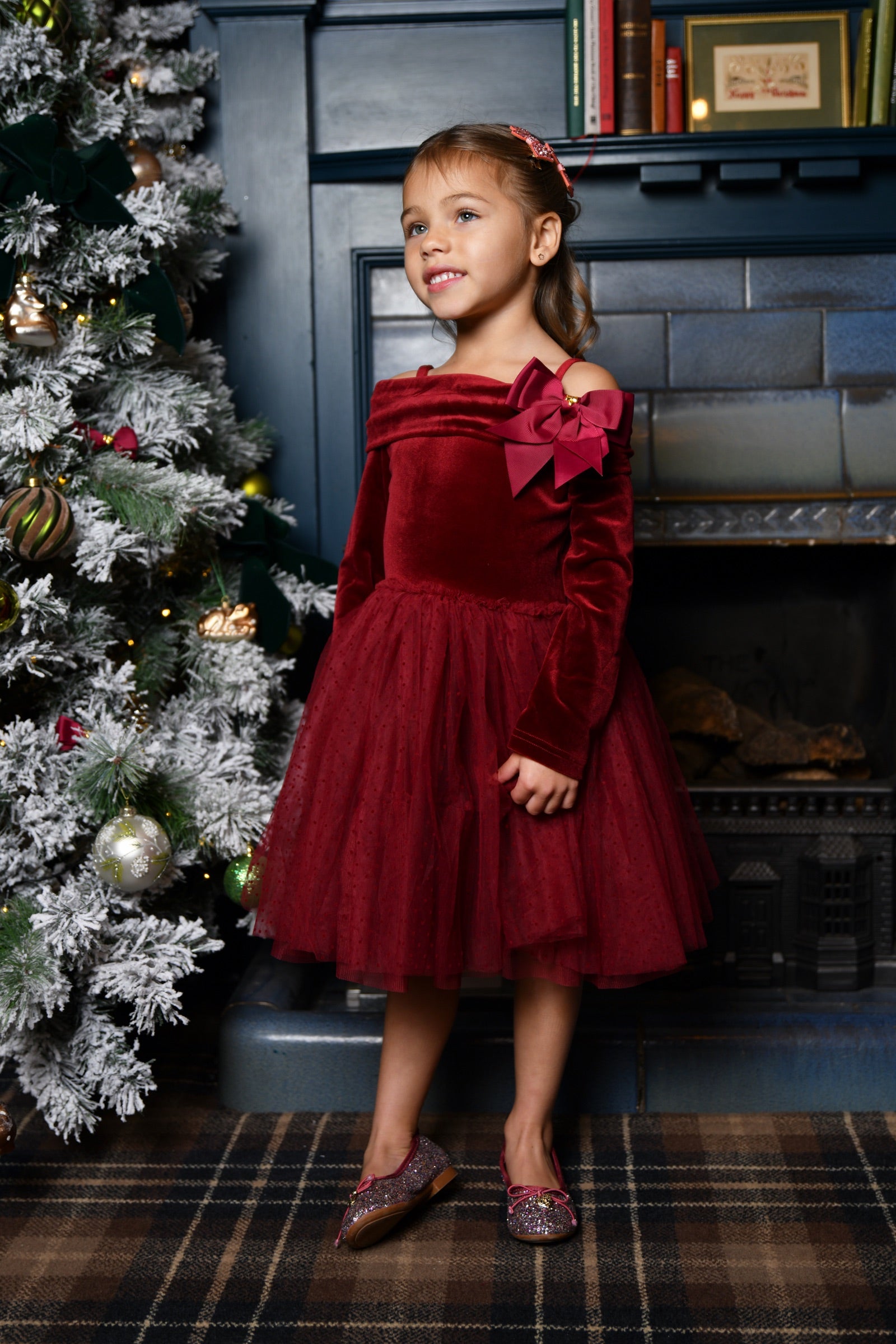 Angel's Face Hepburn jurk van velours en tule donkerrood – designer kinderkleding | Niñoz Almere