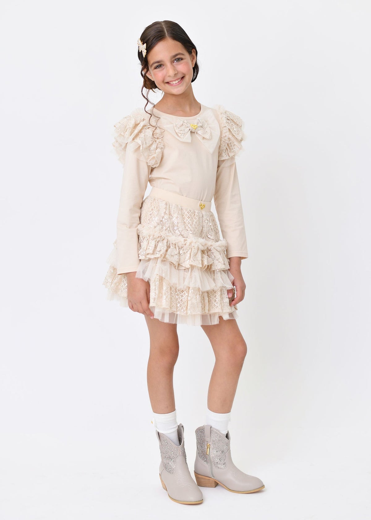 Angel's Face Carina longsleeve met kant en strik zandbeige – designer kinderkleding | Niñoz Almere