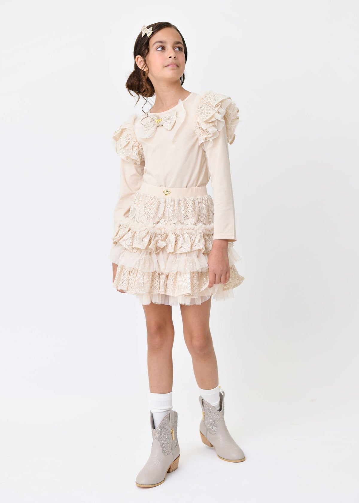 Angel's Face Carina longsleeve met kant en strik zandbeige – designer kinderkleding | Niñoz Almere