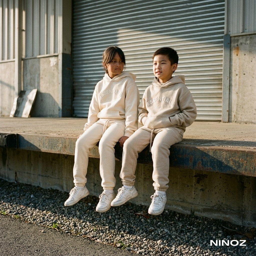Broer en zus in beige en zand Essentials Cou7ure tracksuits bij een laadperron — Niñoz Almere