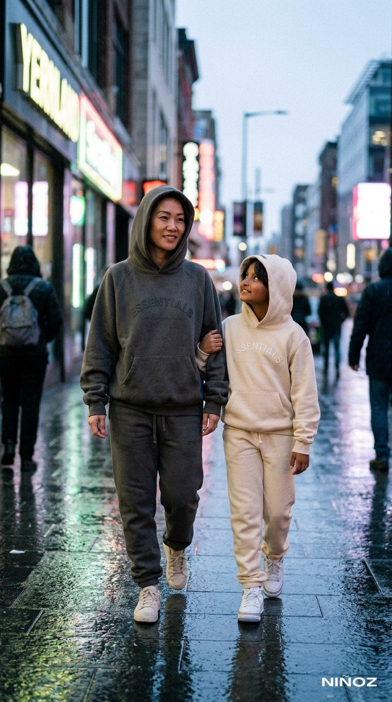 Moeder en dochter in Essentials Cou7ure tracksuits op een natte avondstraat — wintercollectie bij Niñoz Almere