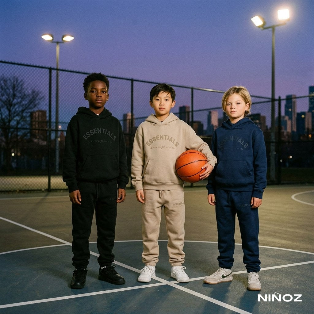 Jongens in Essentials Cou7ure tracksuits op een basketbalveld — vakantiekleding voor jongens bij Niñoz Almere