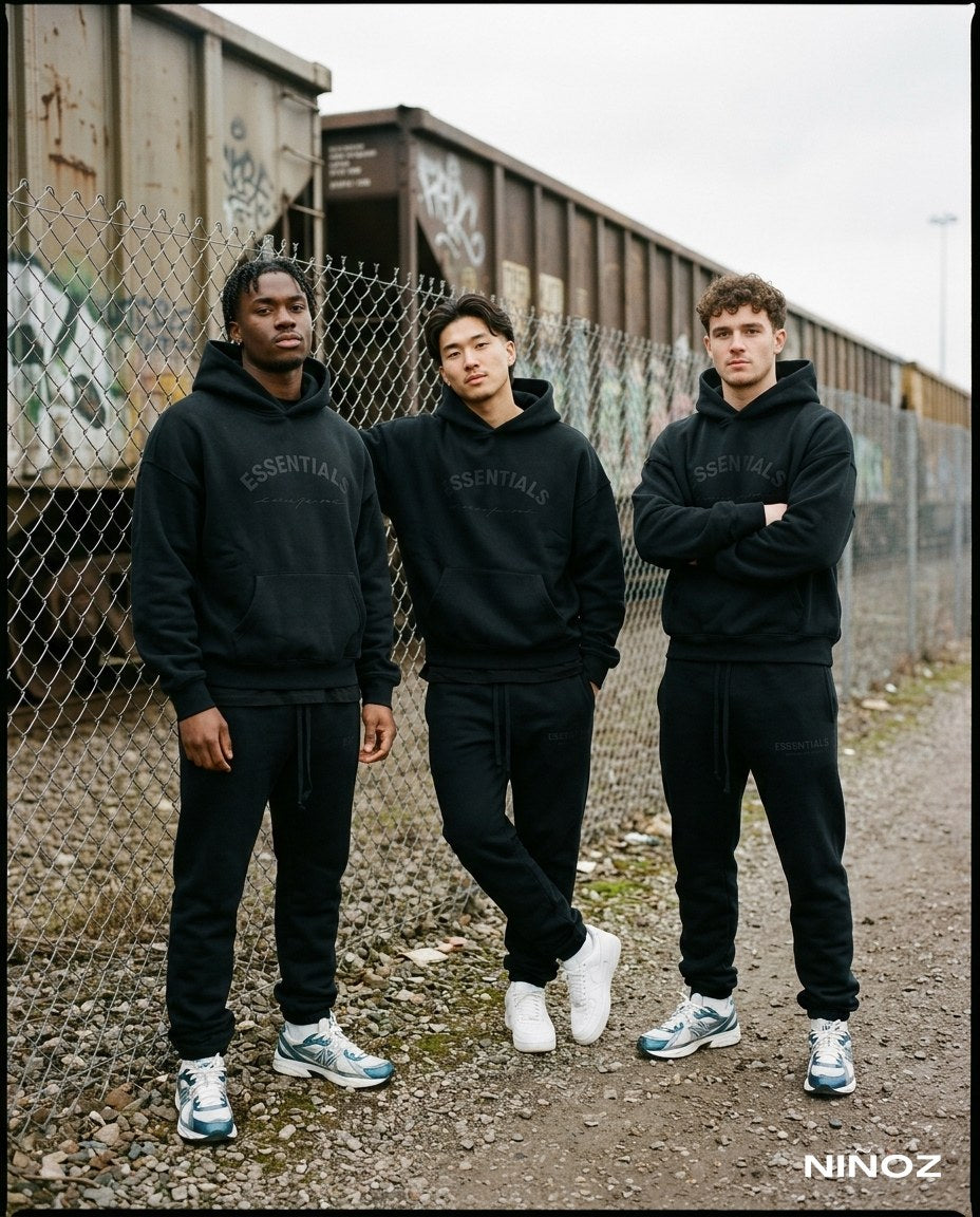 Essentials Cou7ure winter volwassenen — groep heren in zwarte tracksuits bij Niñoz