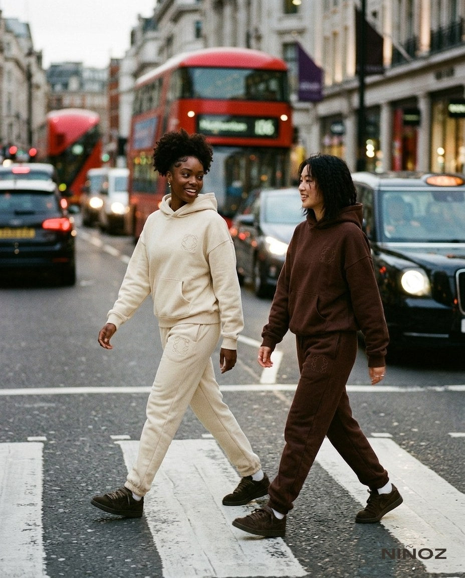 Essentials Cou7ure zomer volwassenen — twee dames in crème en chocolade tracksuits bij Niñoz