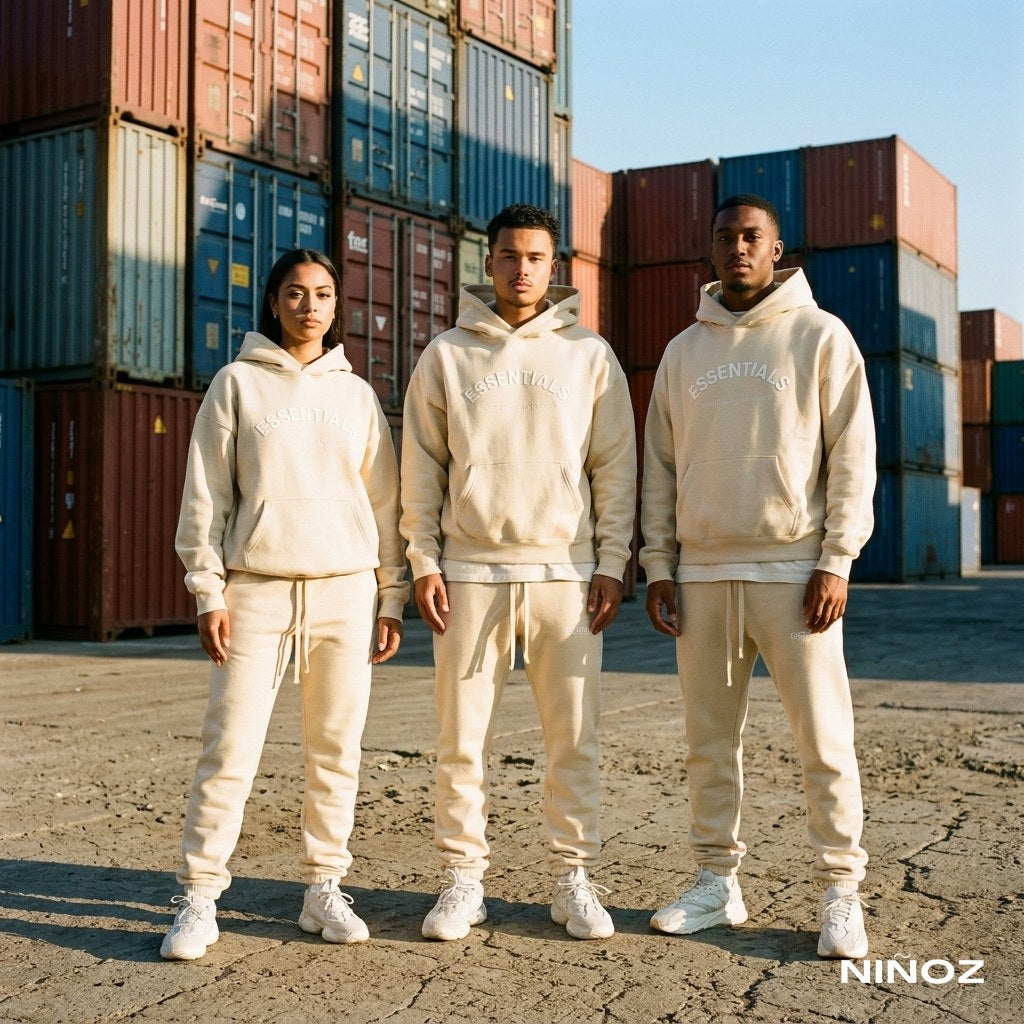 Essentials Cou7ure — groep in tracksuits op containerterrein bij Niñoz