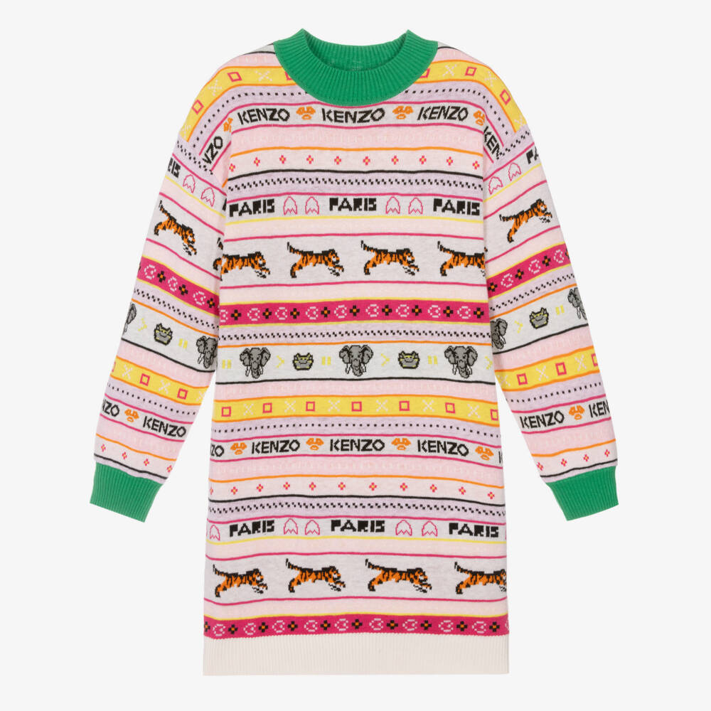 Kenzo Kids Girls Ivory and Pink Jacquard Knit Sweater Dress