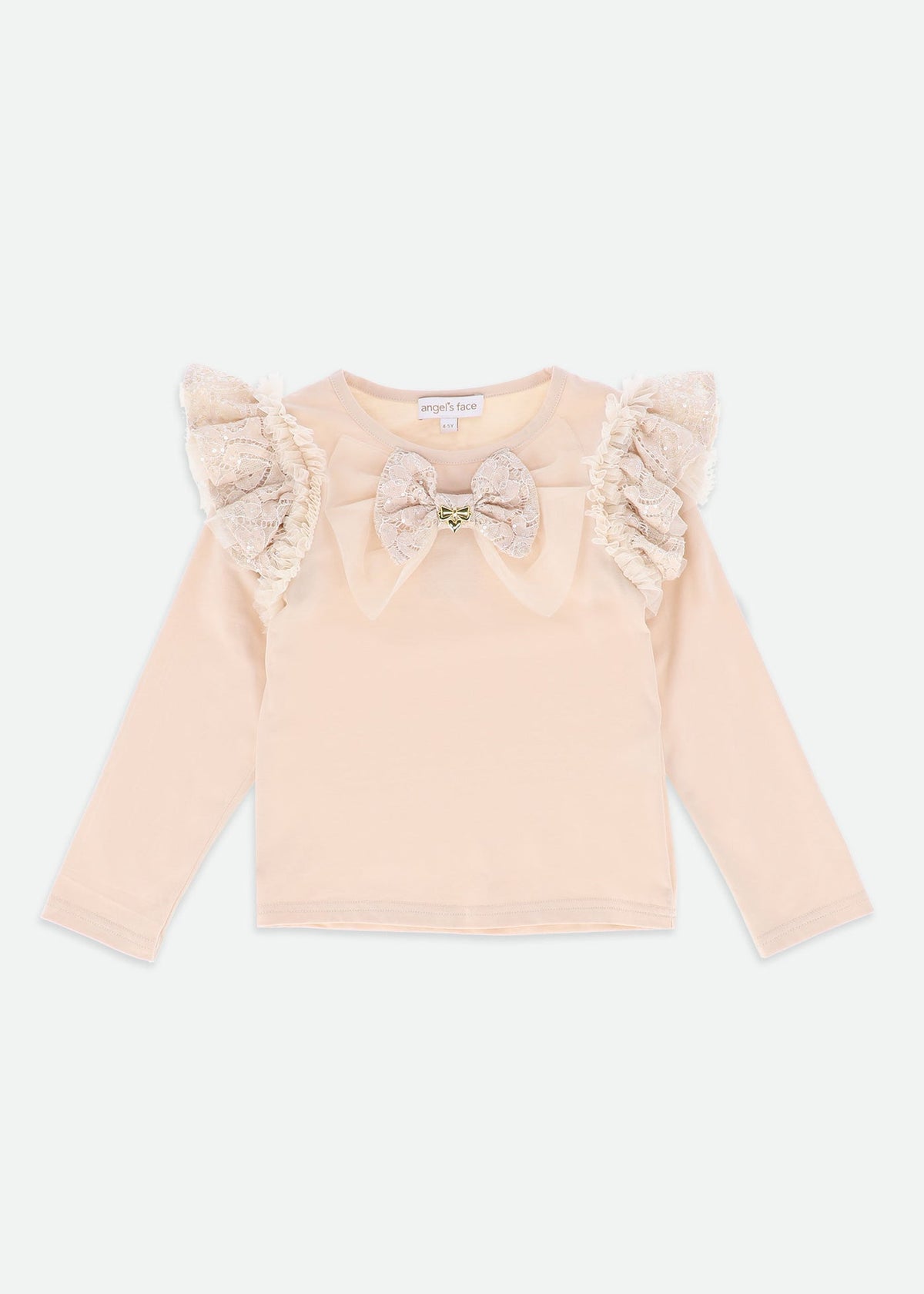 Angel's Face Carina longsleeve met kant en strik zandbeige – designer kinderkleding | Niñoz Almere
