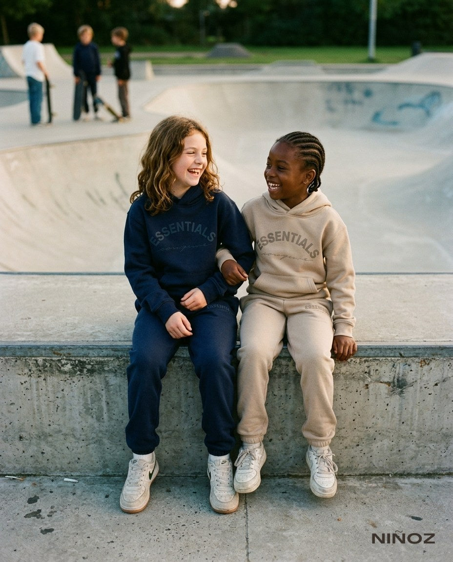 Twee meisjes in navy en beige Essentials Cou7ure tracksuits in een skatepark — Niñoz Almere