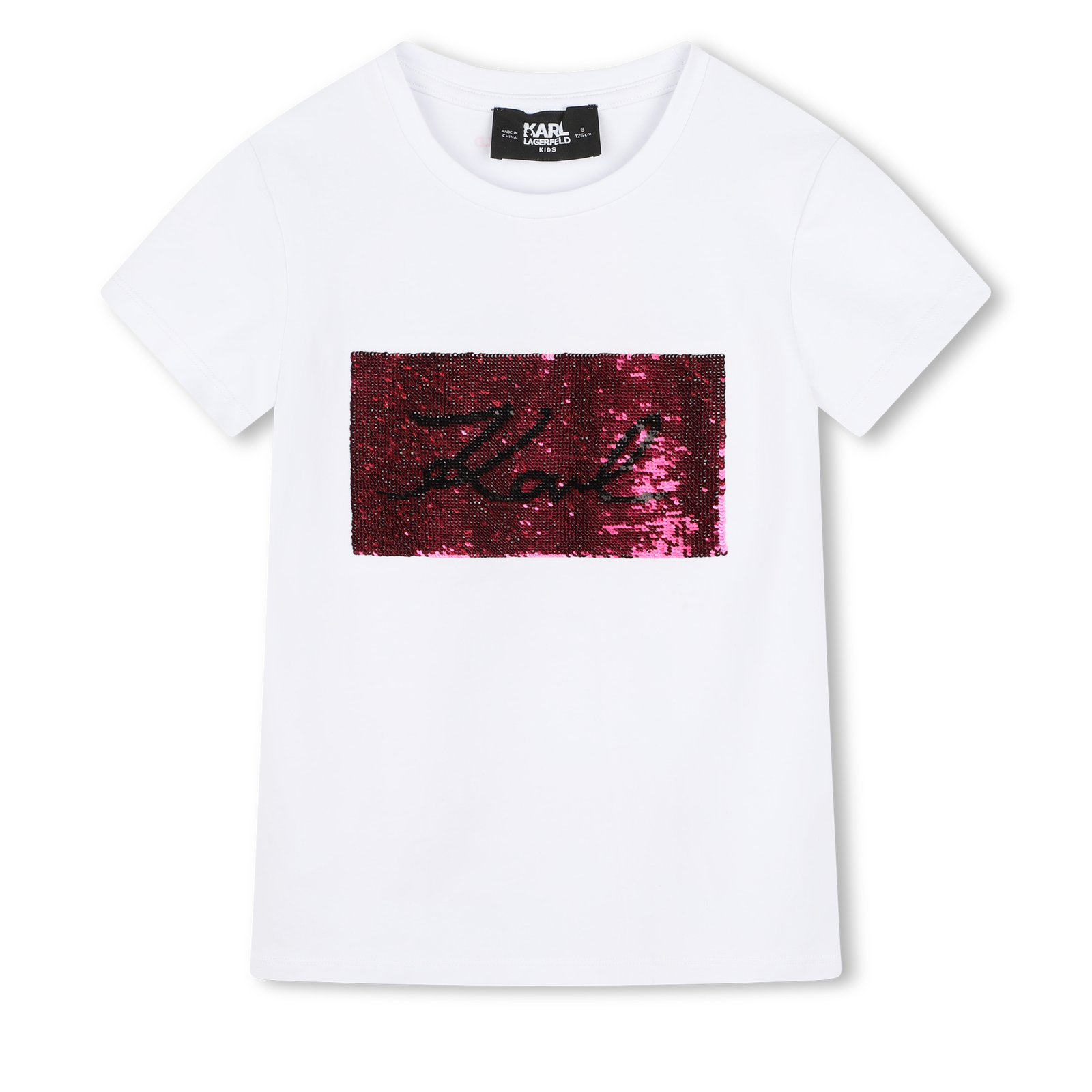 Karl Lagerfeld Kids t-shirt wit met roze pailletten logo - Niñoz kinderkleding Almere